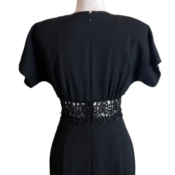 Vintage Black Maxi Dress Size 6 Embroidered Sheer Cut-Out Waist Front Slit 80s - Picture 5 of 16